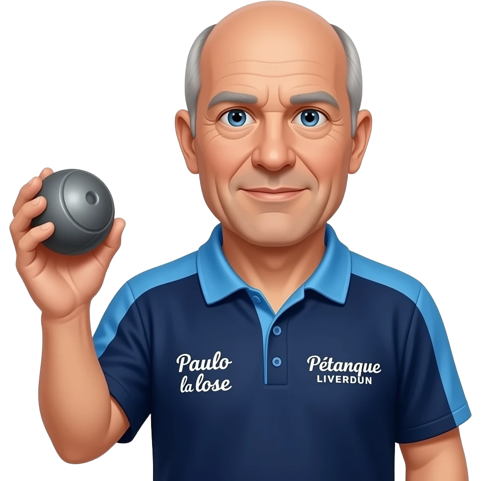 tête homme 60 ans yeux bleus sans cheveux avec boule de pétanque grise à la main sur maillot bleu foncé avec col trois boutons bleu clair et avec épaules seules bleu clair coté bras bleu foncé droit Pétanque LIVERDUN, côté gauche "Paulo la lose"" emoji