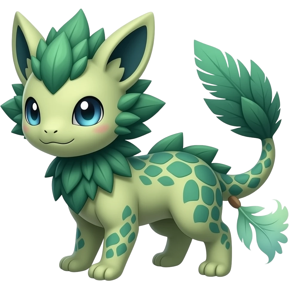 Cute cool fantasy animal hybrid Fakemon full body, green scales, leaves, feathers,  SIMILAR emoji