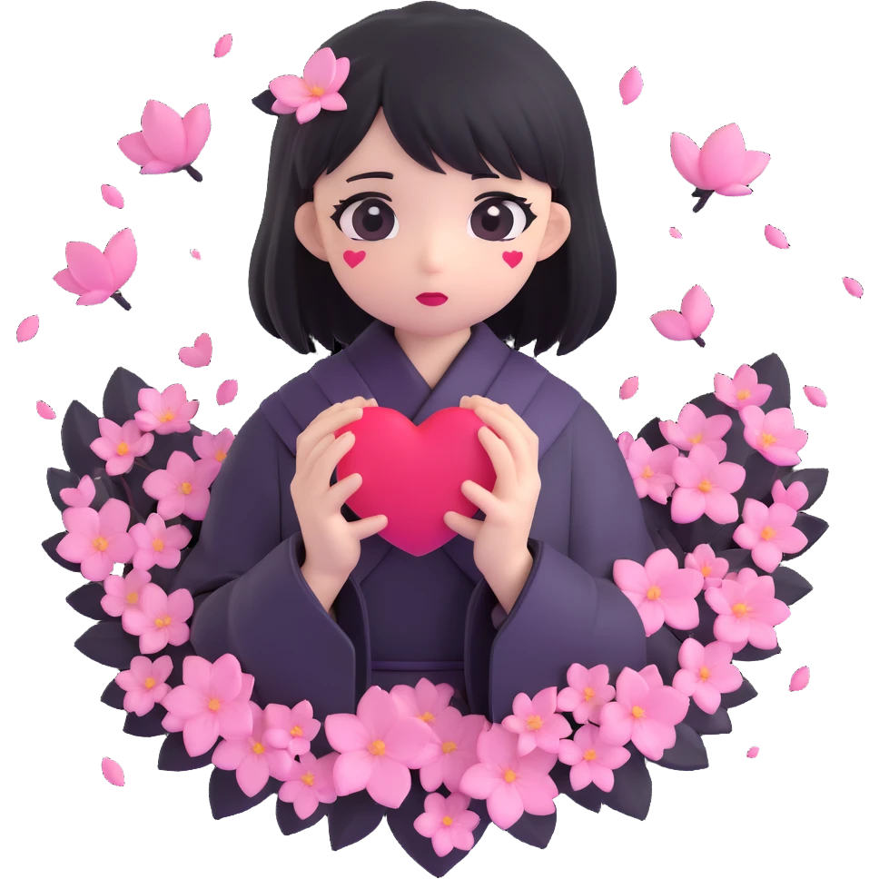 goth sakura heart, black heart with sakura petals falling, dramatic and soft emoji