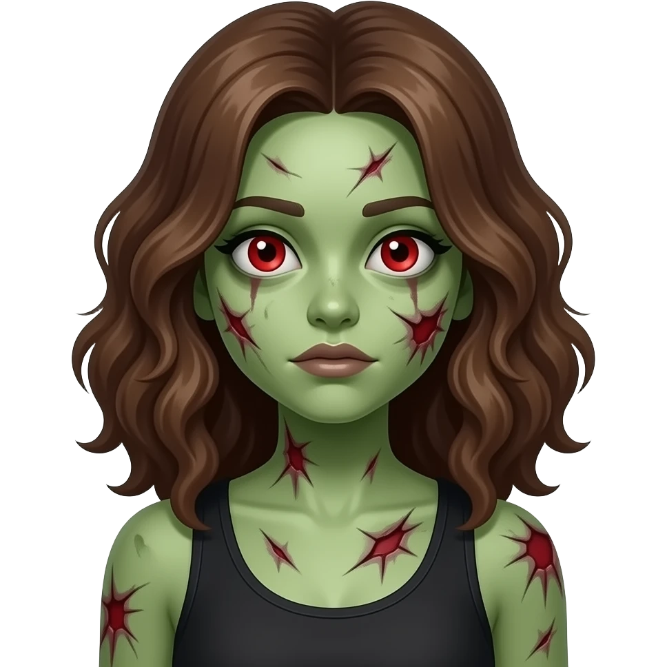 uma menina zumbi de pele verde e estragada com cabelo grande, marrom e ondulado e olhos vermelhos e regata preta emoji