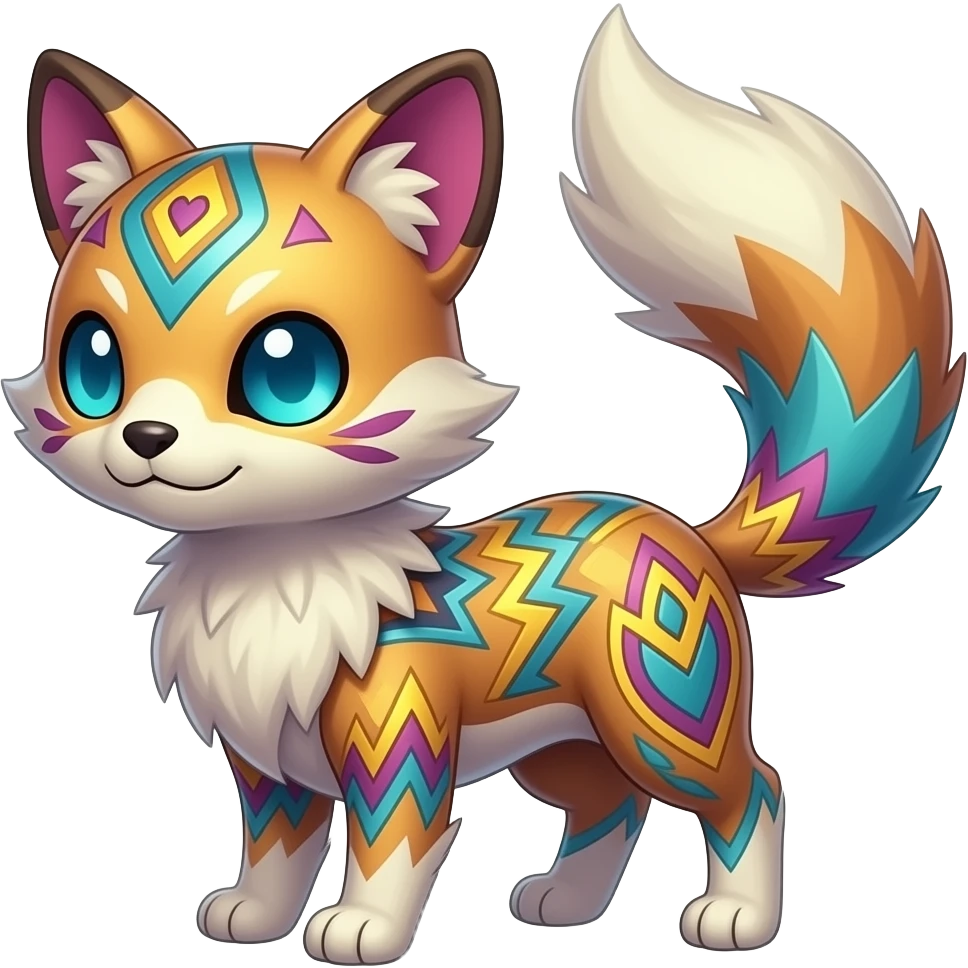 Colorful unique fantasy original shiny smooth soft flurry edgy cool Civet-Absol-Sprigatito-Vaporeon-Fakémon-hybrid with tribal chevron heart floral lightning bolt strikes damask paisley markings emoji