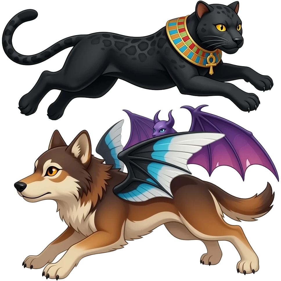 an egyptian black panther leaping playfully with dark grey markings in its black fur and golden yellow eyes. an ankh necklace around its neck. Leaping at a russet wolf with black white and blue wings and orange eyes and a tan wolf with purplish draconic succubi wings and blue eyes emoji