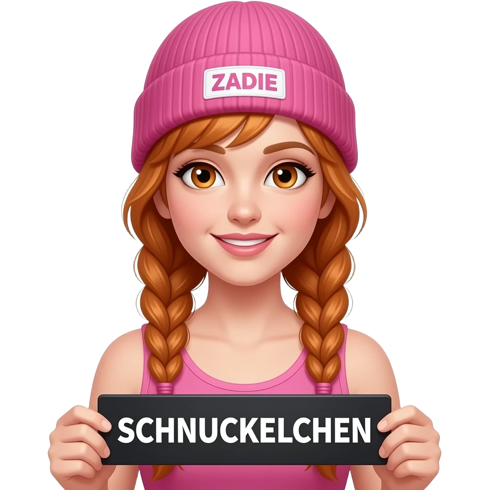 sexy girl with overlong ginger braids and ginger eyes wearing a pink tanktop and a pink beanie with ZADIE written on it, is holding a black sign with SCHNUCKELCHEN written on it emoji