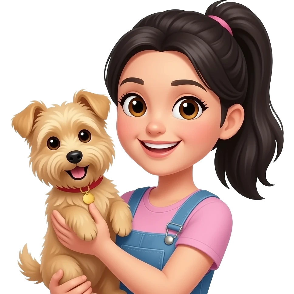 Happy woman with black ponytail and brown eyes, holding a happy blonde terrier dog emoji