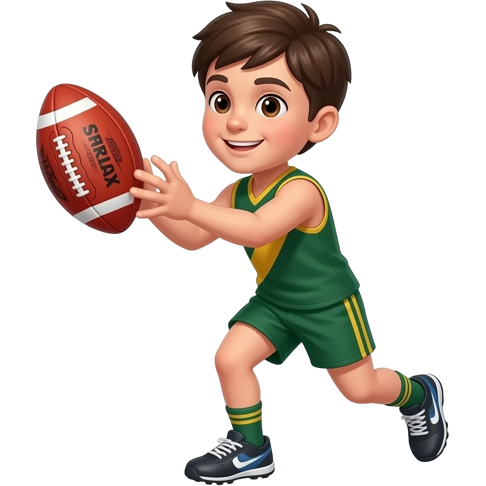 young boy wearing a green top and shorts, catching an Australian rules football emoji