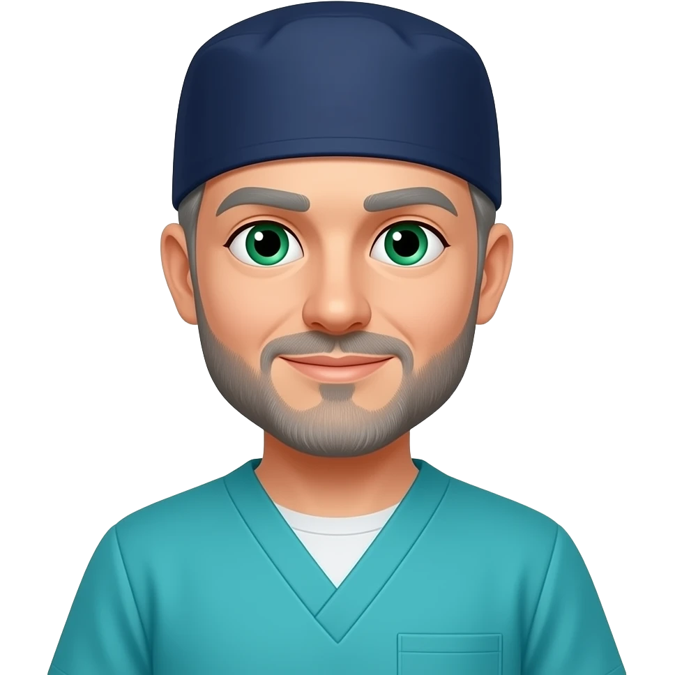 surgeon with navy cap, torquoise scrubs, green eyes, gray hair, beard stubble emoji