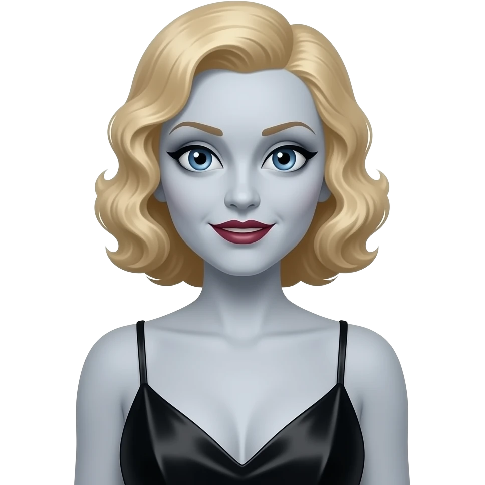 Bride of Dracula from Heroes and Villains with pale-grey skin, blue eyes, blonde 1930s wavy hair, black silk nightgown emoji