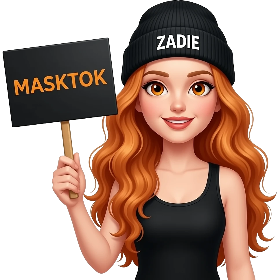 sexy girl with overlong wavy ginger hair and ginger eyes wearing a black tanktop and a black beanie with ZADIE written on it, is holding a black sign with just MASKTOK on it emoji