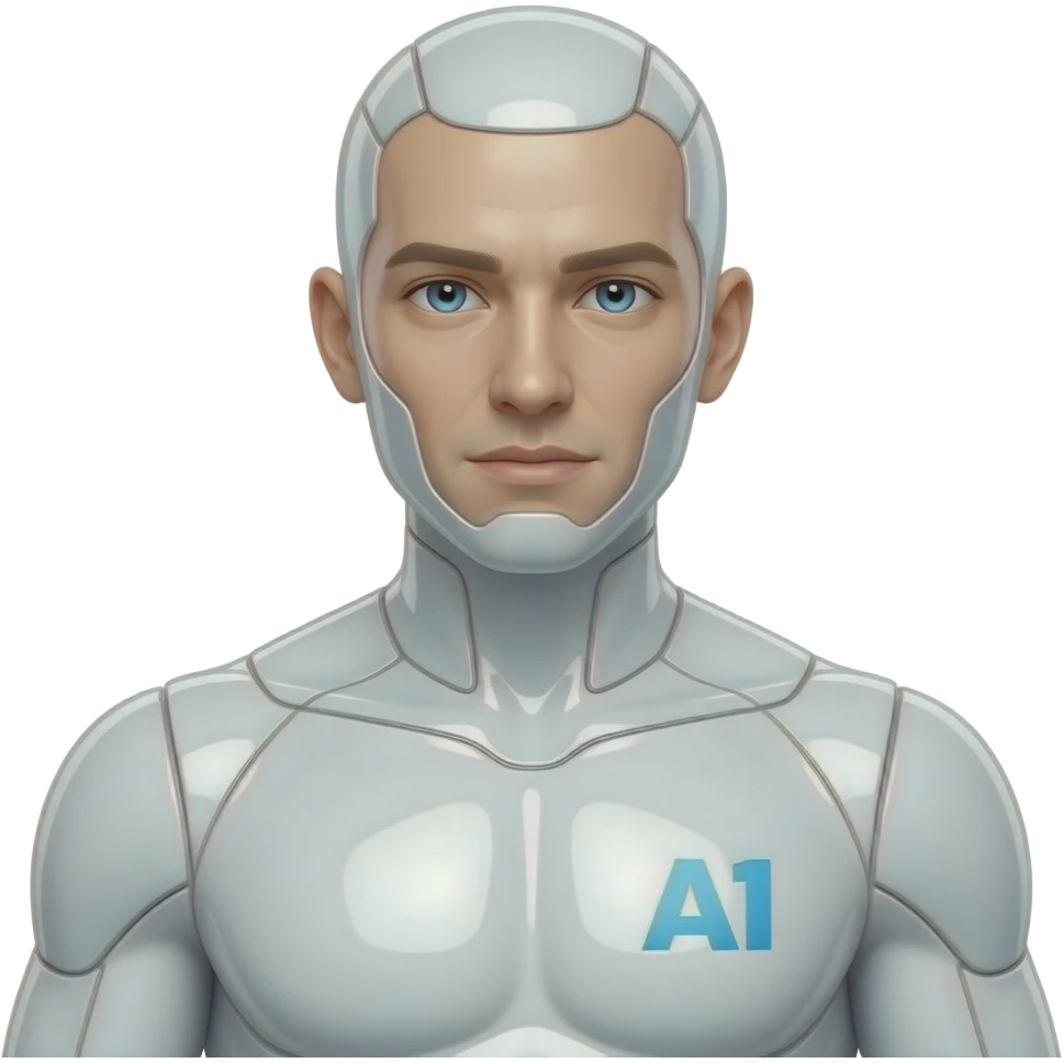 Erstelle eine sexy männliche Science-Fiction AI mit durchsichtiger weißer und glänzender Plastik artigen Haut, das Gesicht und Körper auch. er hat keine Augenbrauen und keine Haare. Ein AI Logo als Schrift leichten blau auf seiner rechten Brust und seine Augen leuchten  auch blau emoji