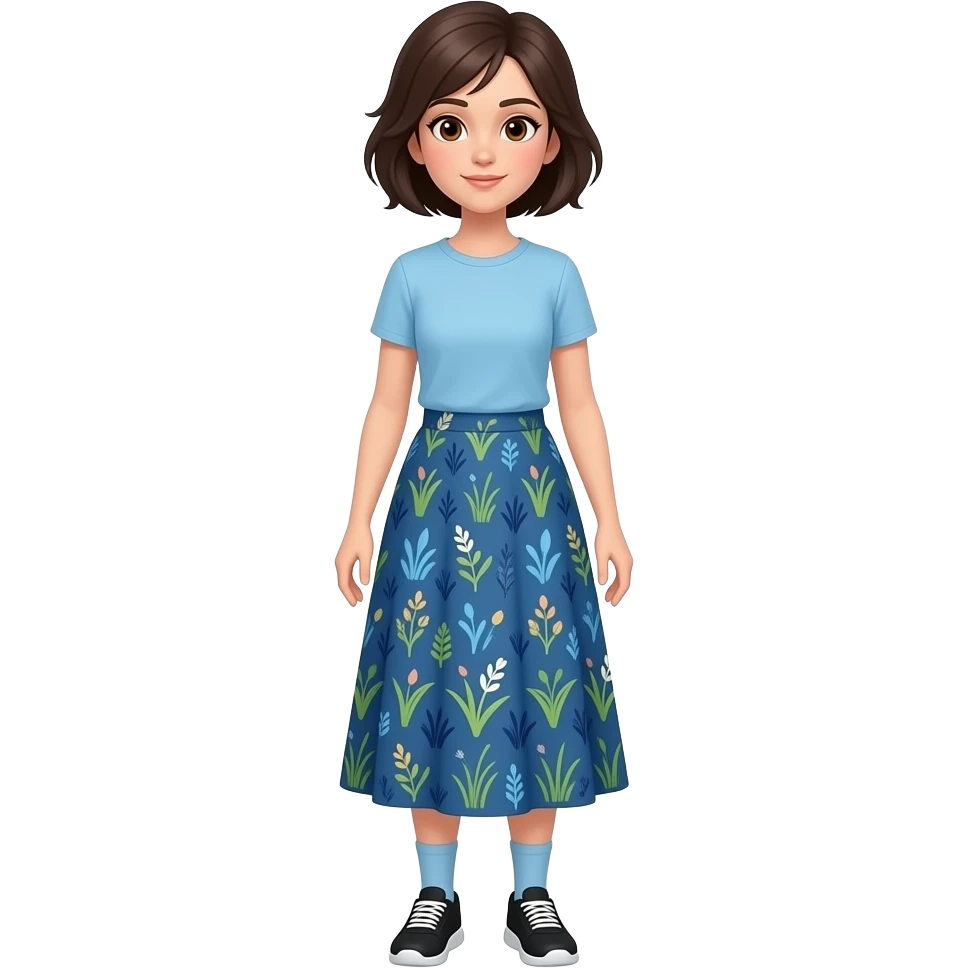 full body White/Fair skinned woman, very short dark brown hair, brown eyes and wearing a long blue skirt with a grass/plant pattern, a light blue t-shirt, pale blue socks and black running shoes. emoji