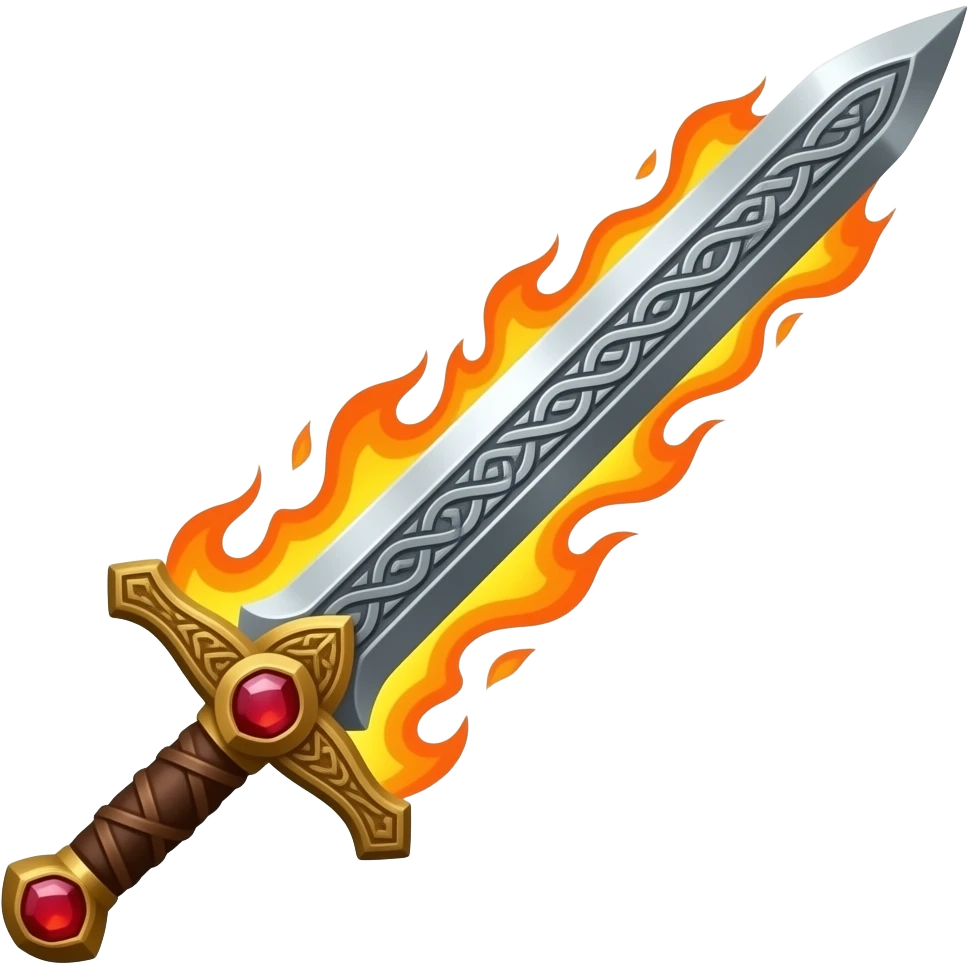 Realistic long thin flaming sword, Knight style sword, celtic runes engraved in the blade, wooden handle wrapped in leather, ruby gem at the hilt, realistic fire, pointed tip emoji