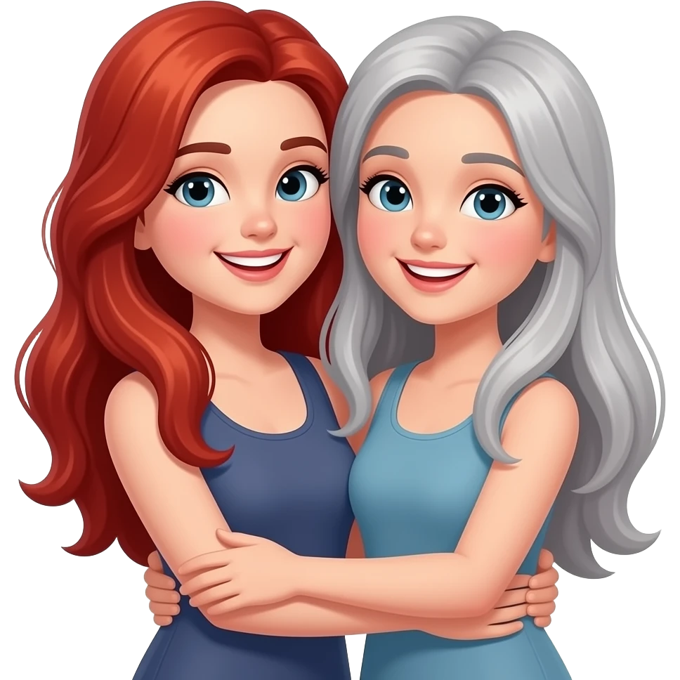 red LONG hair maam smiling, and TALL grey long haired girl smiling, hugging emoji