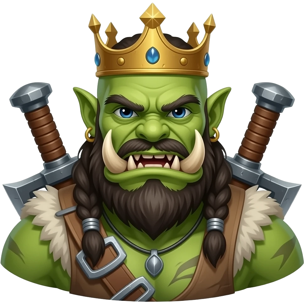 An green-skinned Orc War Chief wearing a simple crown/circlet, large tusks, hilts of weapons showing over his shoulder, snarling face, dangerous, battle ready. emoji