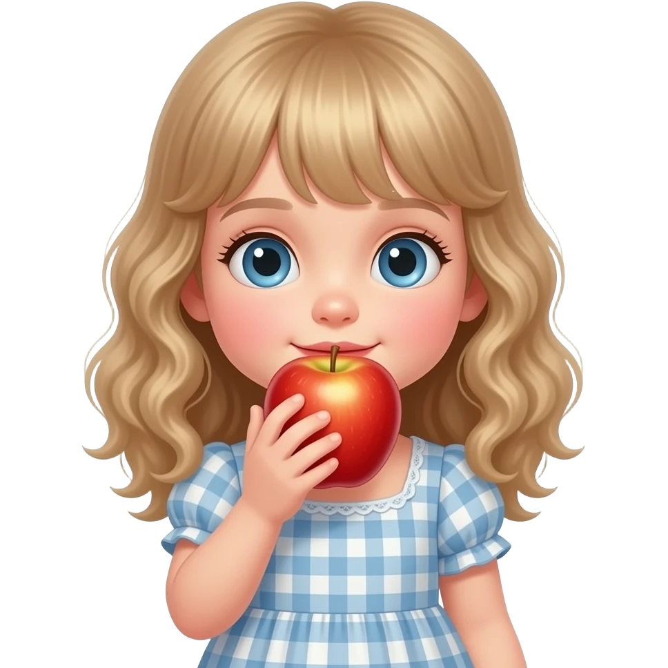 white kid blue eyes mid length with bangs soft curly hair to shoulders in color: middle to little darker blonde, in a dress, eating apple emoji
