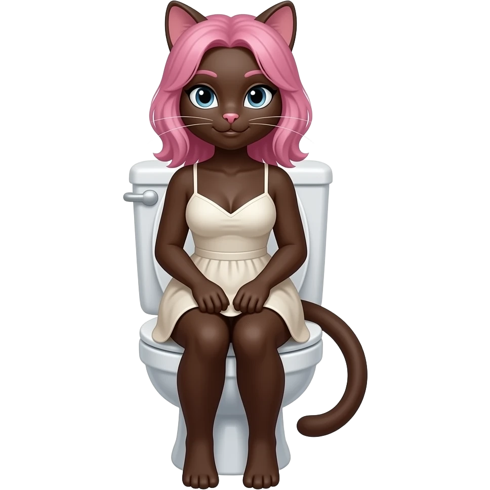 Female dark brown cat furry woman sit on toilet,pink hair emoji