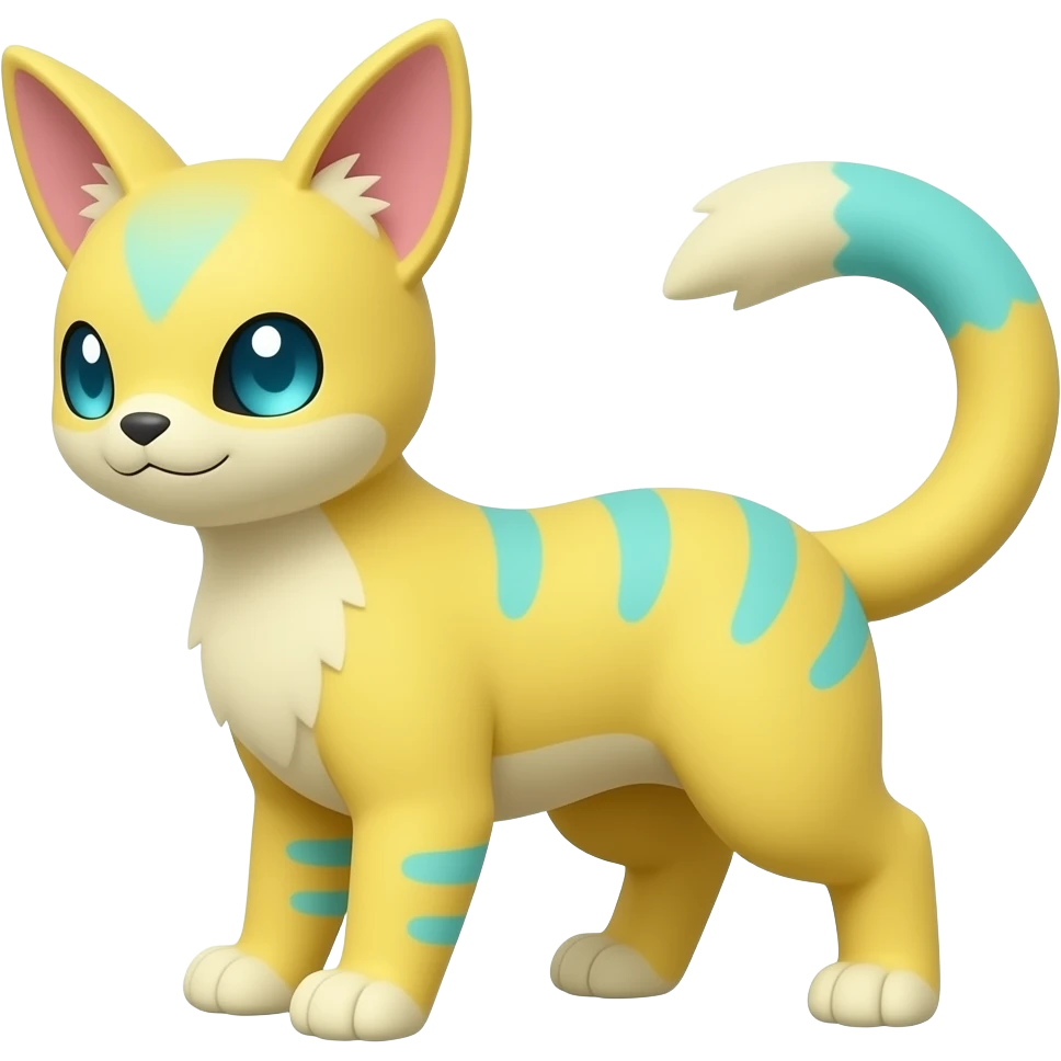 Yellow Renamon-Zeraora-Genet-Civet-caracal-Fennekin-Manectric-Vaporeon-Fakémon-hybrid with glowing neon cyan markings emoji