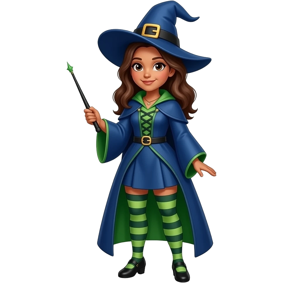 A full body White/Fair skinned woman with brown hair and brown eyes and wearing a Blue and green Witch outfit and holding a black wand. emoji