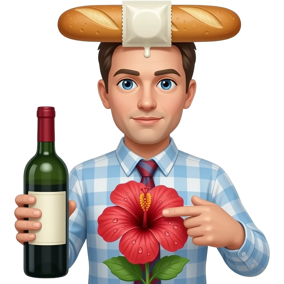 Baguette avec un preservatif sur le haut de la tete et une bouteille de vin dans la main. L'autre main a l'index et le majeur tendus et collés touchant le centre d'un hibiscus qui a beaucoup de gouttes d'eau sur les petales. Il y a un liquide blanc dans le preservatif emoji