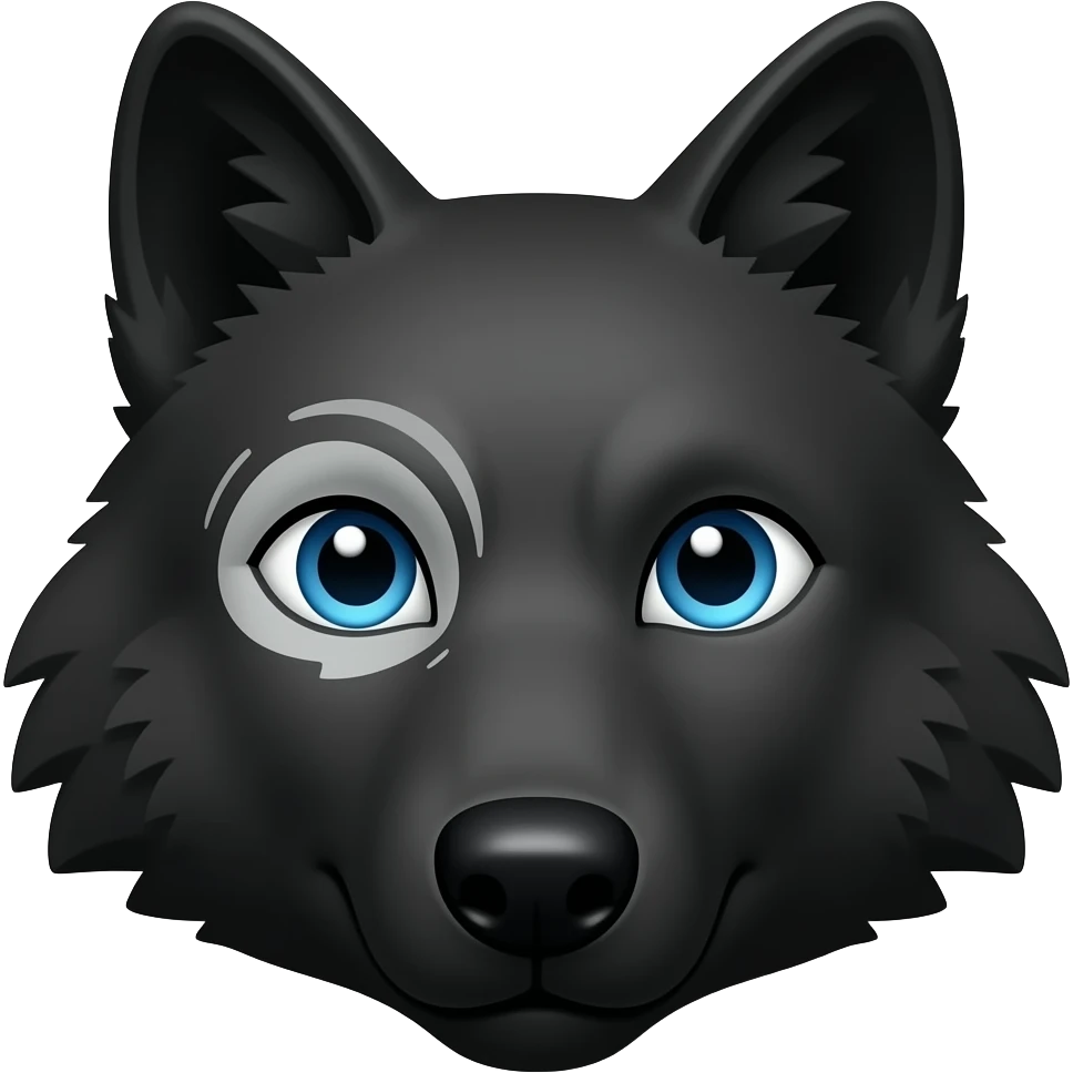 black wolf with blue eyes and greyish white markings over the left eye around the eye emoji