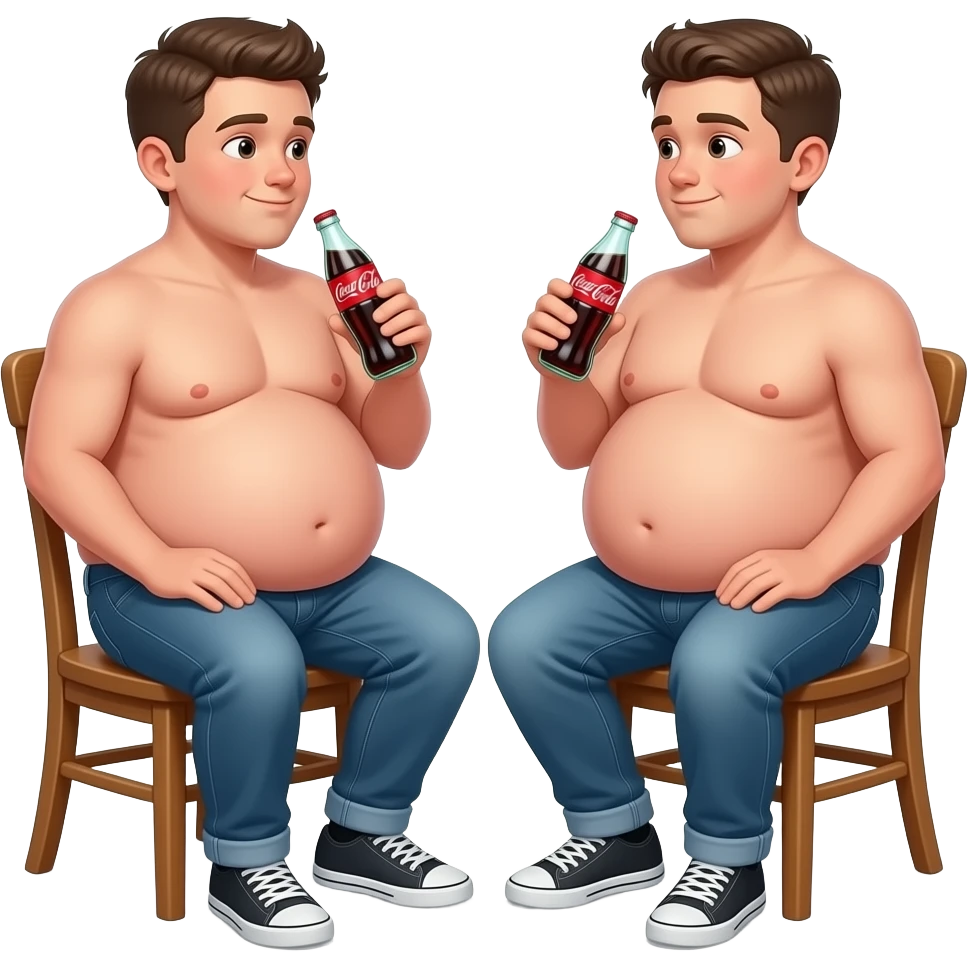 Oba chłopaki z bardzo ogromnymi brzuchami mają 14 lat ich brzuchy mają kształt jak super ogromna kula bez koszulek siedzą na krześle i rozmawiają piją coca-cola emoji