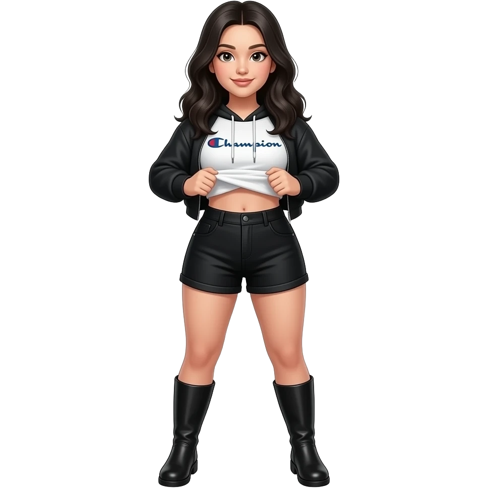 White girl with long black hair, black and white cropped champion hoodie with black arm sleeves, black high shorts, black plain boots, and a bit of a chubby body lifting her shirt emoji