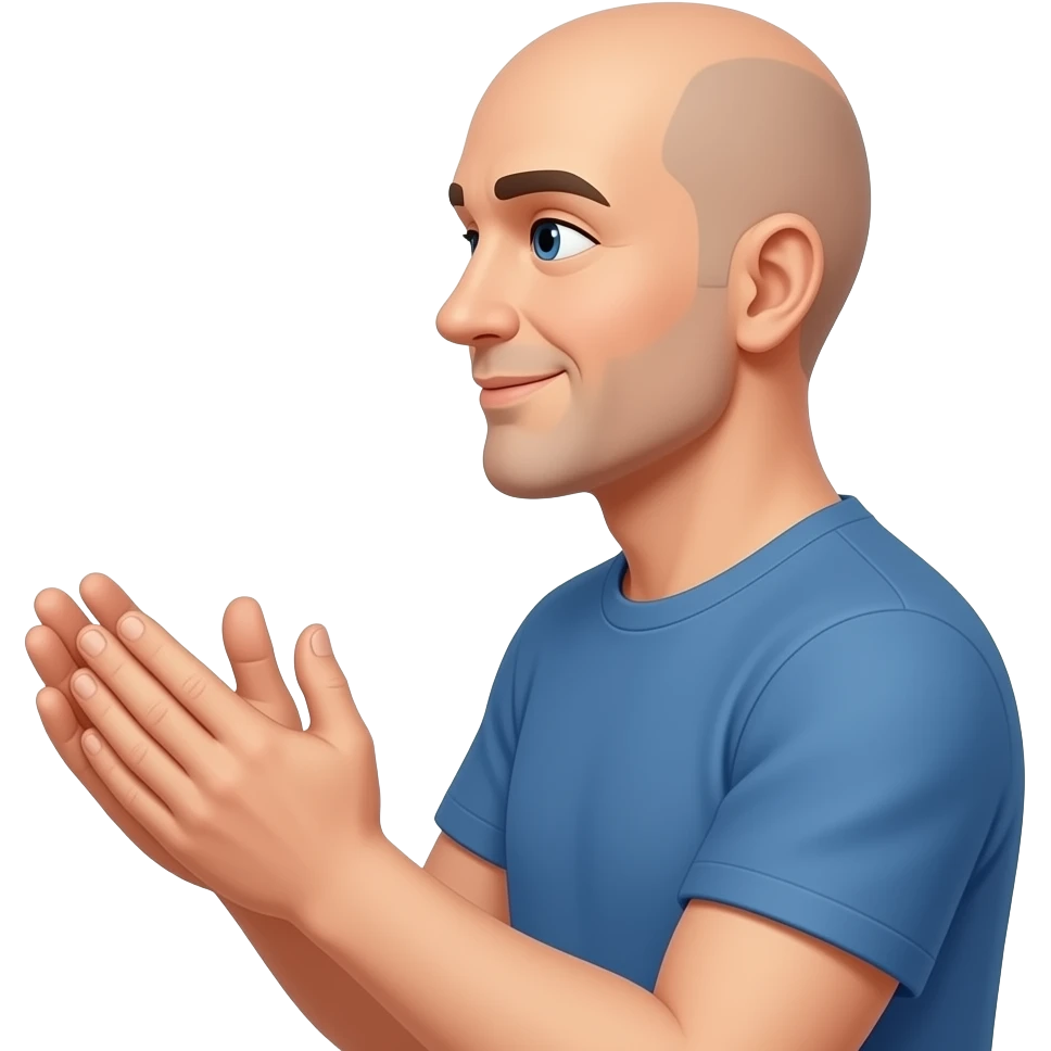 Bald guy clapping side eye view in blue crew neck face looking at us emoji
