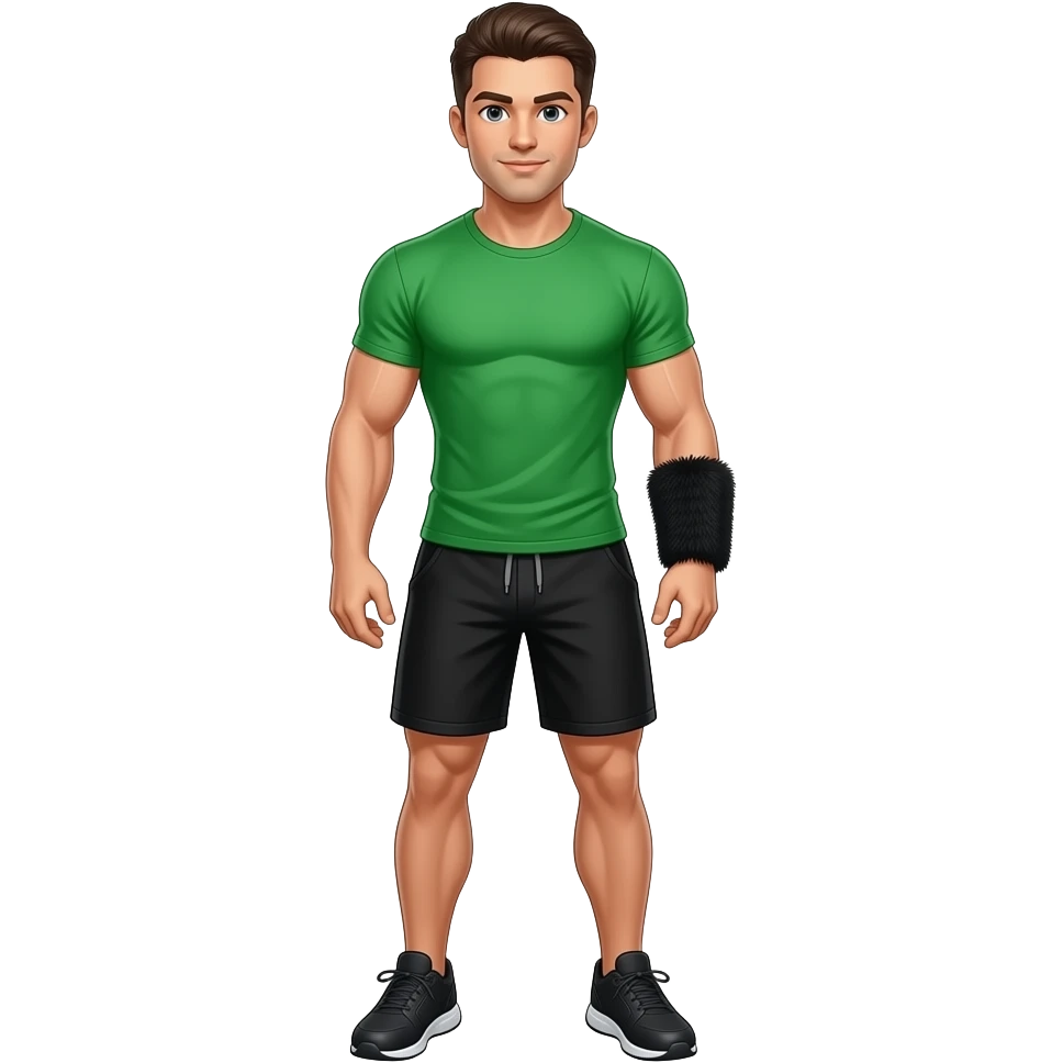 muscular jock with dark brown hair, combed back, wearing a green t-shirt, black shorts, black athletic shoes and a slender black fur wristband emoji