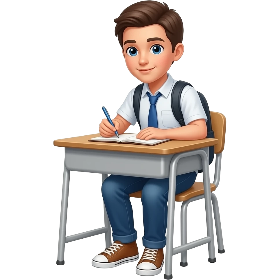 A student, sitting at a desk taking notes, full body emoji