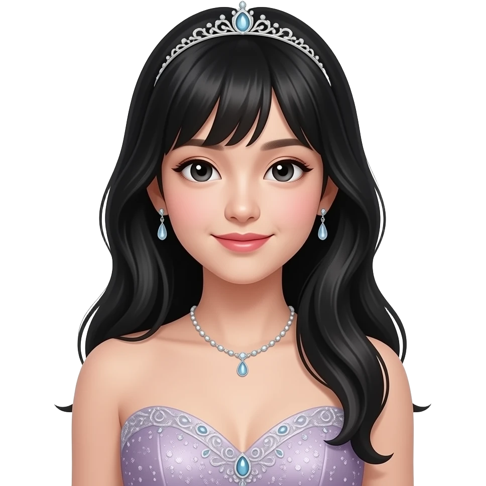 A Chinese with black hair teen girl with no bangs in a prom dress with long hair emoji