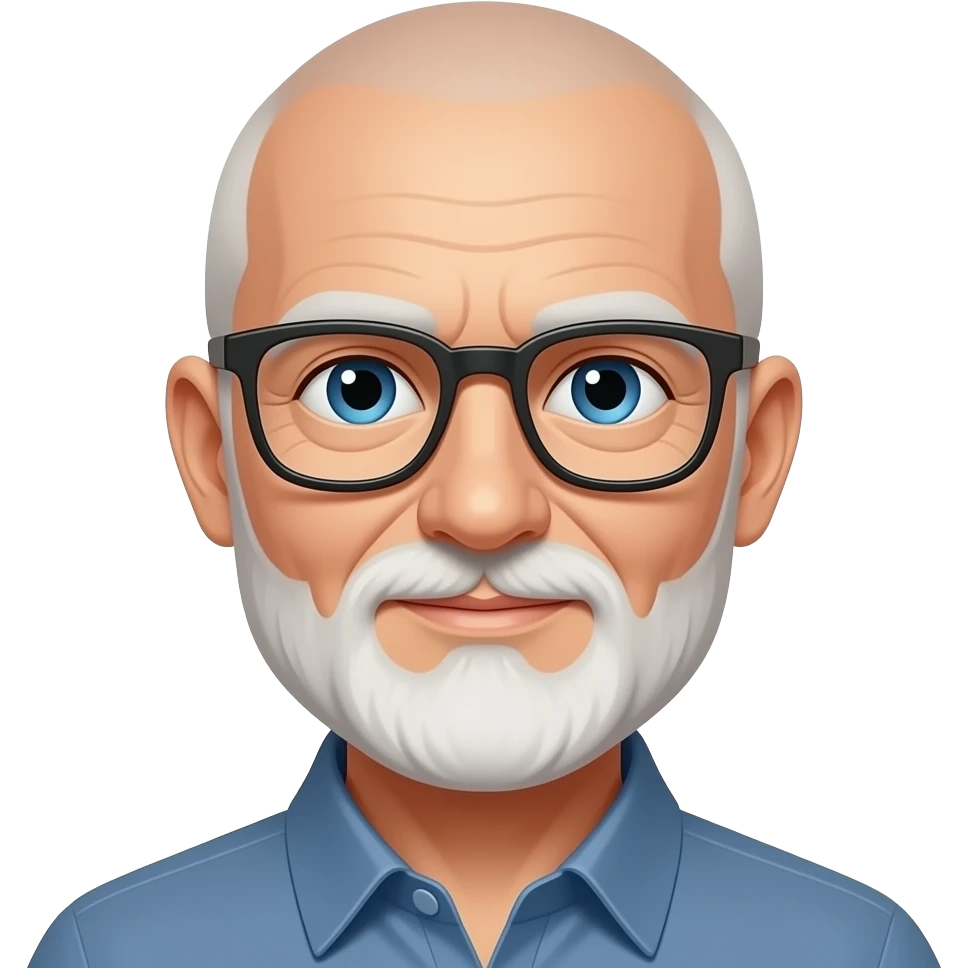 shaved head old man with long face, a short white beard, blue eyes and glasses emoji