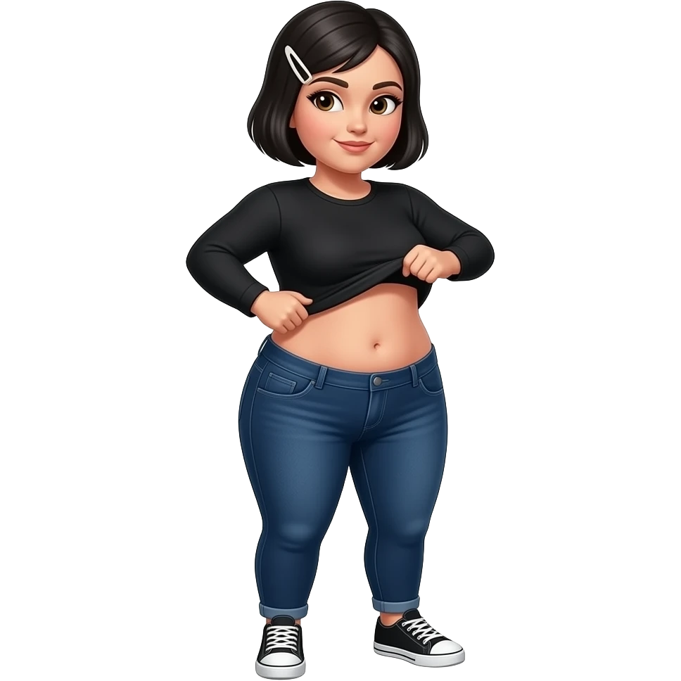 White woman with black short hair, white hair clip on the left of her hair, plain black long sleeve shirt, dark blue jeans, white and black sneakers, and a chubby body lifting her shirt to move her belly emoji