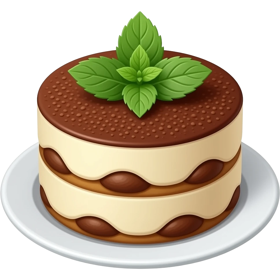 Round tiramisu on plate with mini mint leaf on top emoji