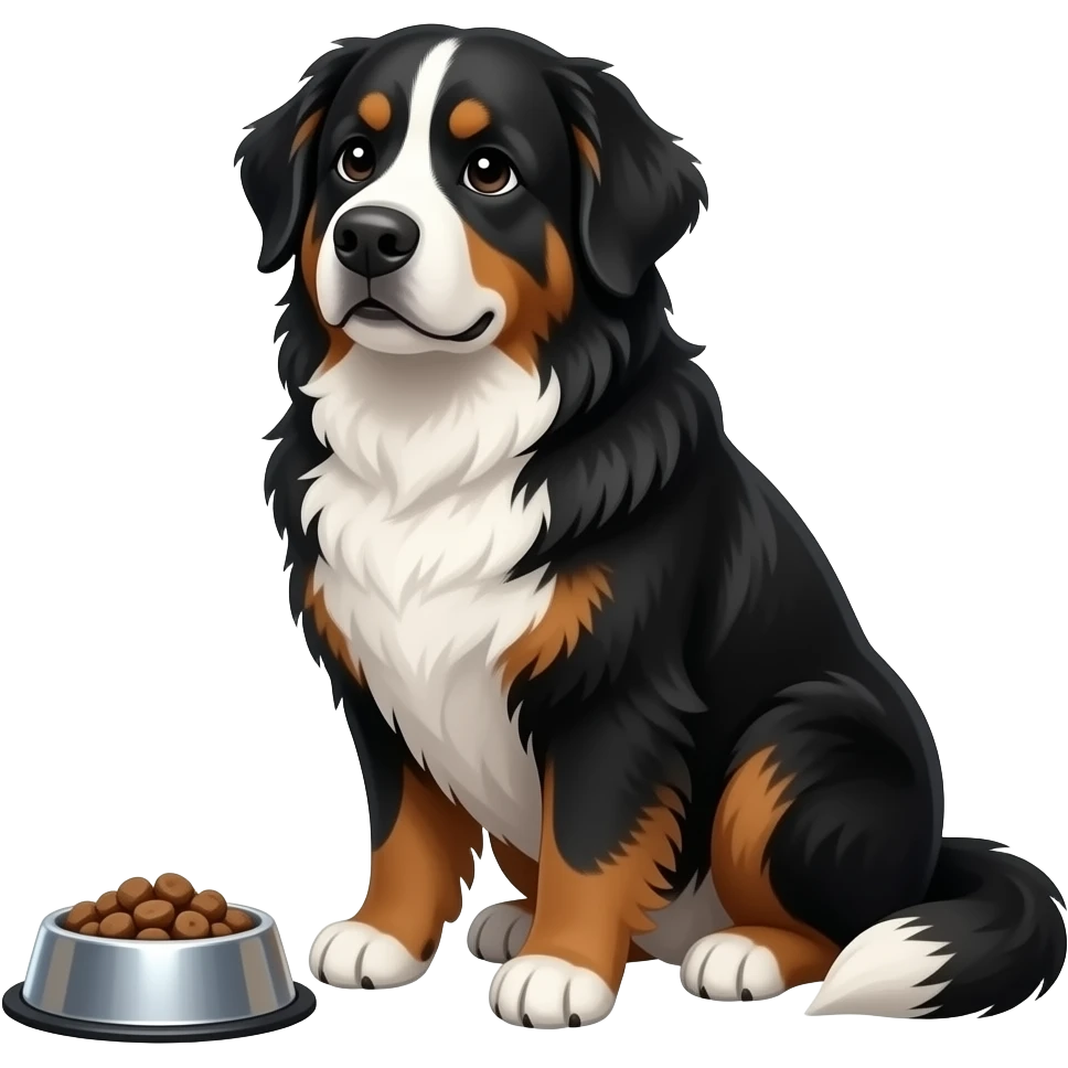 The Bernese Mountain Dog sits patiently before its food bowl. emoji