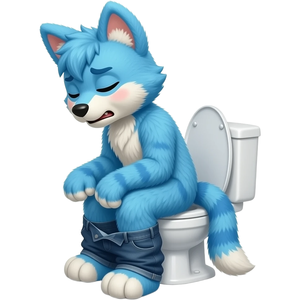 blue fursuit sitting on toilet, side view , pants down, pushing, eyes closed, straining face, red face emoji