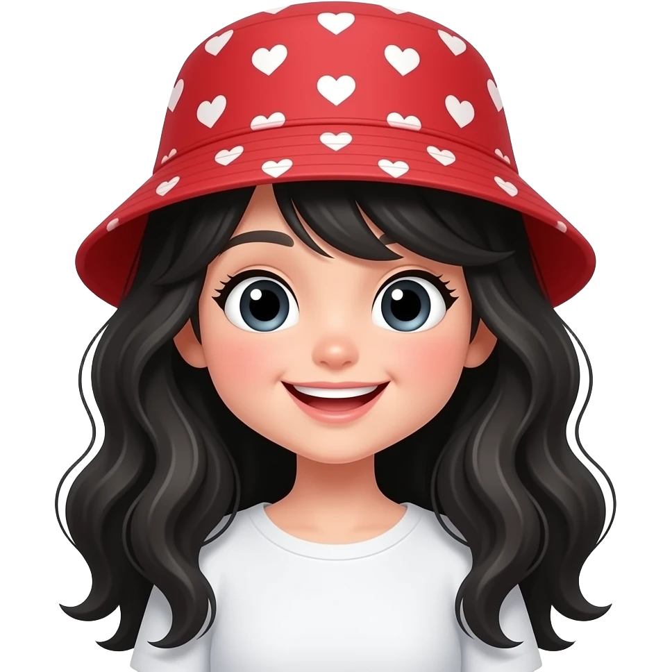 Cute chibi girl emoji, long black wavy hair, red bucket hat with small white hearts, cute smile, glossy 3D cartoon, white outline sticker, transparent background. emoji