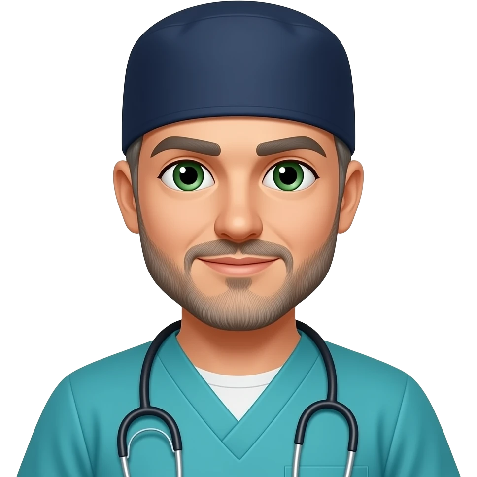doctor with dark gray hair, beard stubble and green eyes in dark navy scub cap, torquoise scrubs with no eyeware emoji