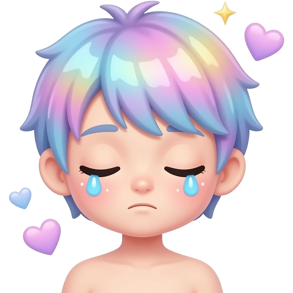 Sleepy kawaii emoji with glossy droopy eyes, pastel holographic glow, tiny floating stars and hearts, dreamy soft lighting, cute emoji sticker aesthetic emoji