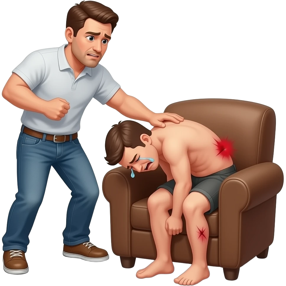 A clothed man with a stick beating A small, crying, naked man bending over a brown armchair with red buttocks bruised emoji