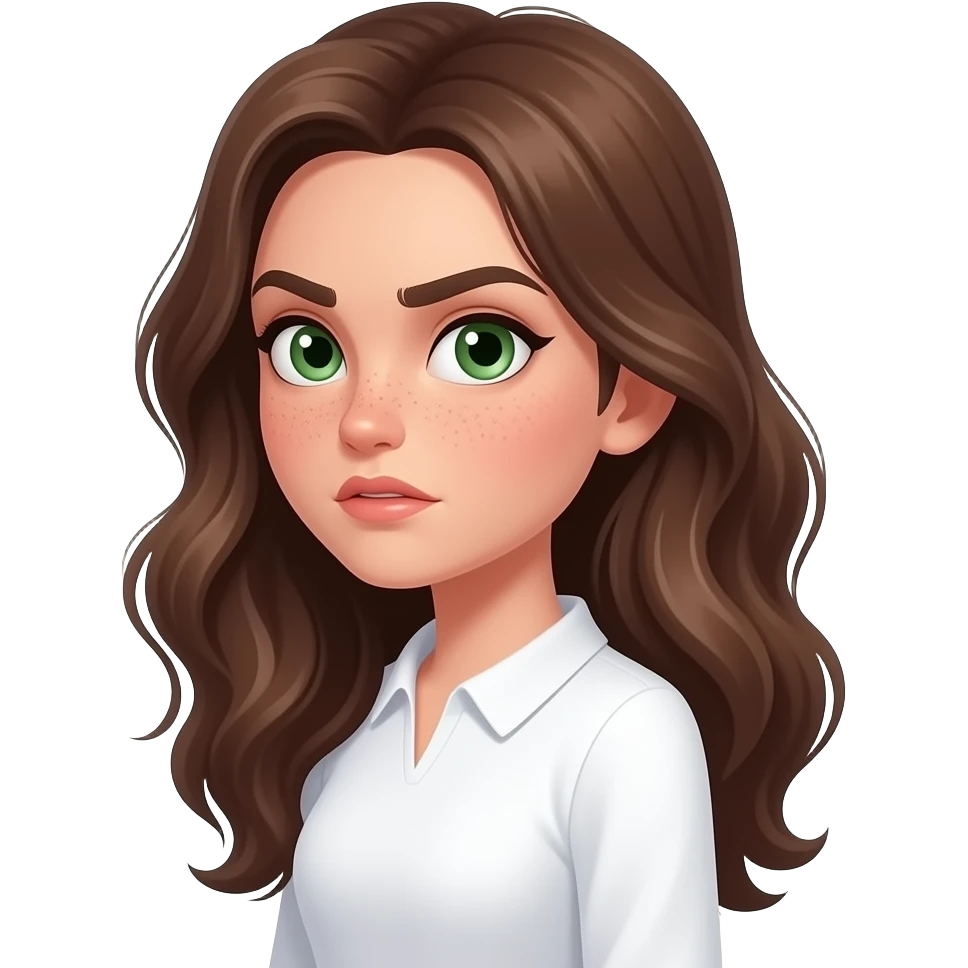 very visible judgmental side-eye meme by Brown wavy long haired with green eyes cute face with freckles pretty girl in cute  white top with long sleeve and soft collar, side view, strong face expression, very suspicious look with eyebrows raised, caricatured side eye emoji