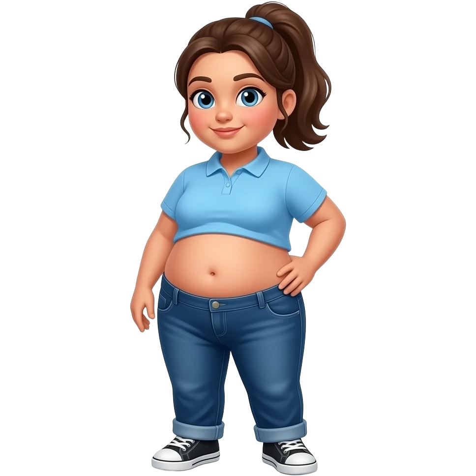 Obese Hispanic girl with brown ponytail and blue eyes plain light blue dark blue polo and dark blue baggy jeans and belly button and black and white sneakers belly roll movement emoji