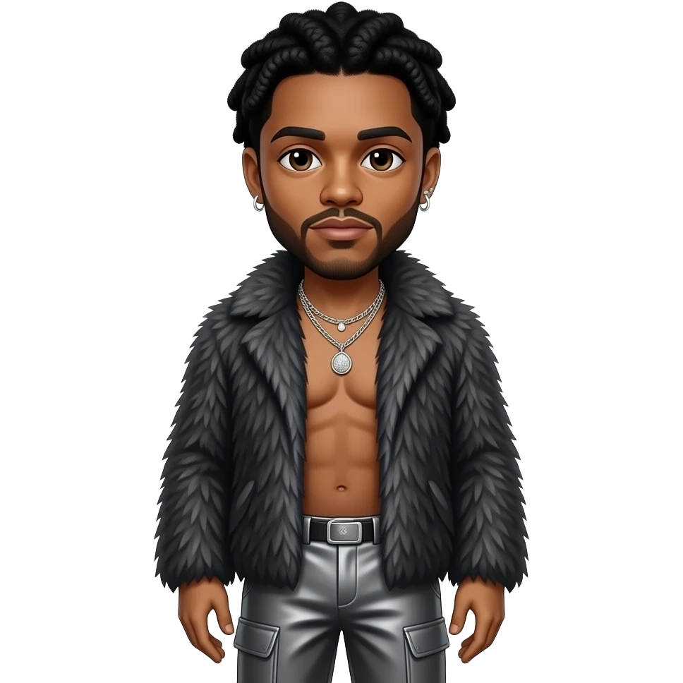 The Weeknd with dark brown eyes, black hair, dark grey fur shawl, charcoal grey metallic baggy pants, shirtless with necklace and earrings emoji