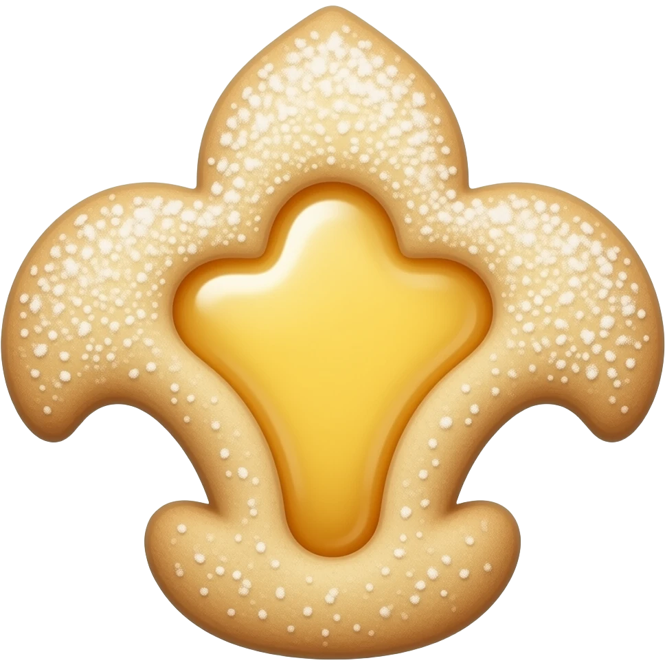 Realistic shortbread cookie in the shape of a lily flower with pastel yellow color jelly middle filling and sprinkled powder sugar on top. emoji
