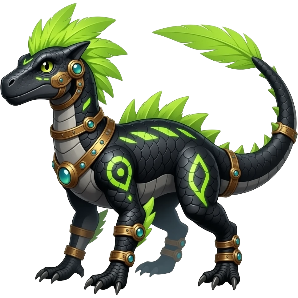 Cool edgy ancient black-scaled with neon-colored stripe markings digitigrade bipedal vintage futuristic raptorik fantasy-Cyberpunk-Steampunk-Solarpunk-Genesect-Salamence-Tyranitar-Salazzle-Feraligatr-Fakémon-animal-hybrid, with neon-green feather-mane, and a tail blade, back spikes, full body emoji
