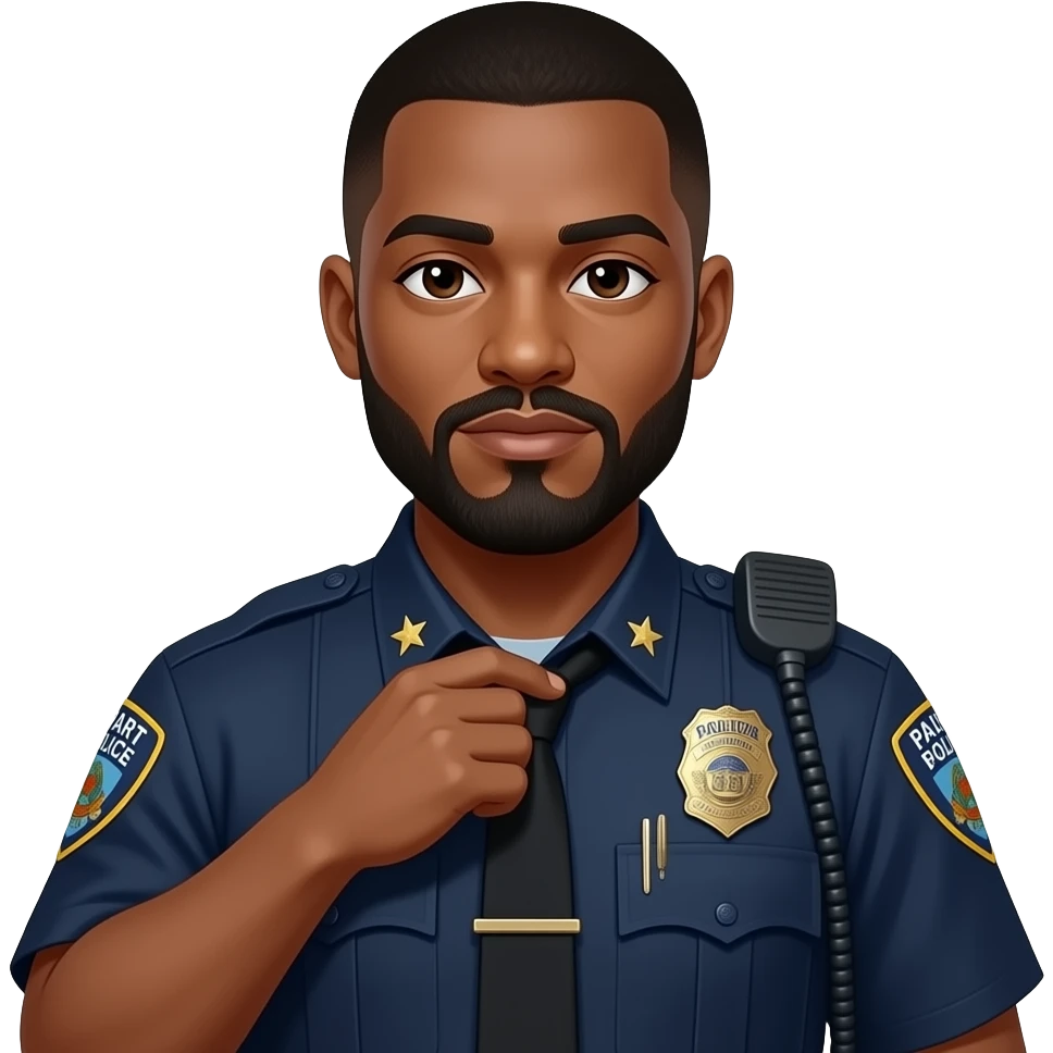 medium complexation black officer with beard and mustache and tapper haircut and BART police uniform take off the stars off the collar emoji