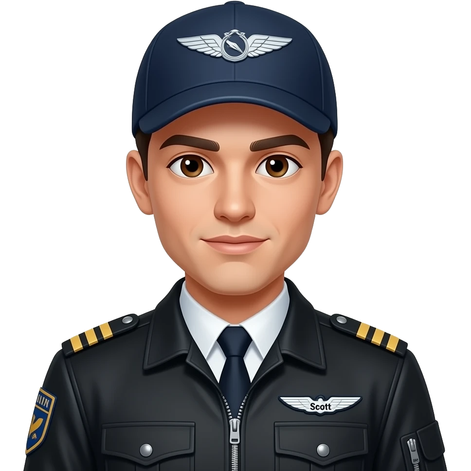 Pilot w jacket Black hair white skin brown eyes with hat and name badge under wing badge “Scott” emoji