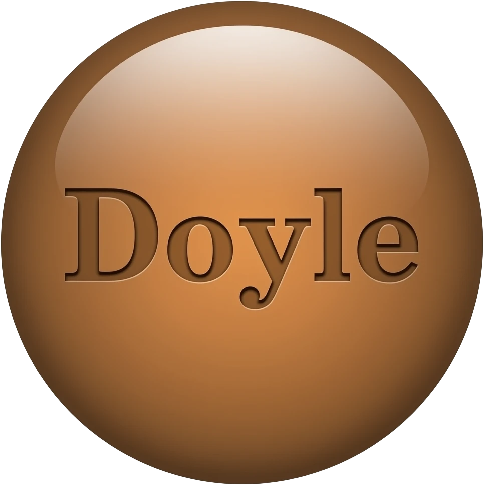 button that says "doyle" glossy button circle with shine. brown color emoji