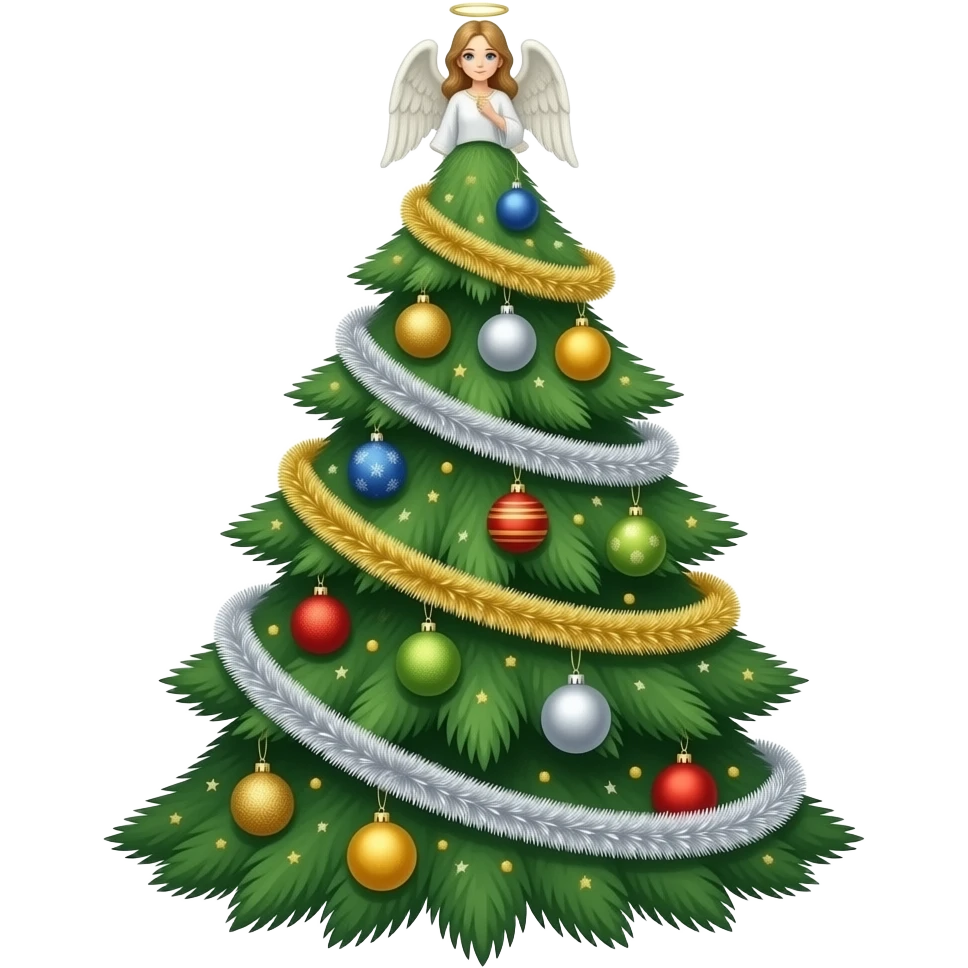 Highly detailed Christmas tree with ornaments, an OPhanim angel on top and silver and gold garland emoji
