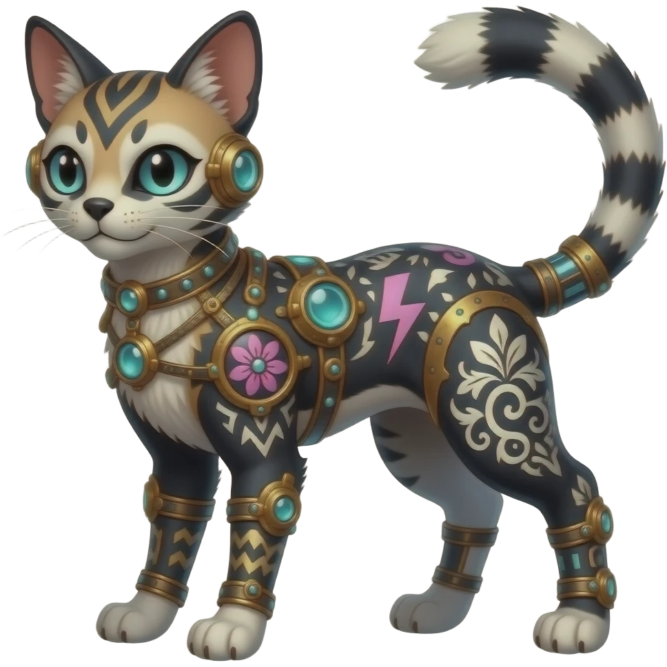 scaly spunky gothic Realistic tall slim unique original shiny edgy cool steampunk-cyberpunk-fantasy-Civet-Absol-Sprigatito-Vaporeon-Fakémon-hybrid with tribal chevron heart floral lightning bolt strikes damask paisley markings emoji