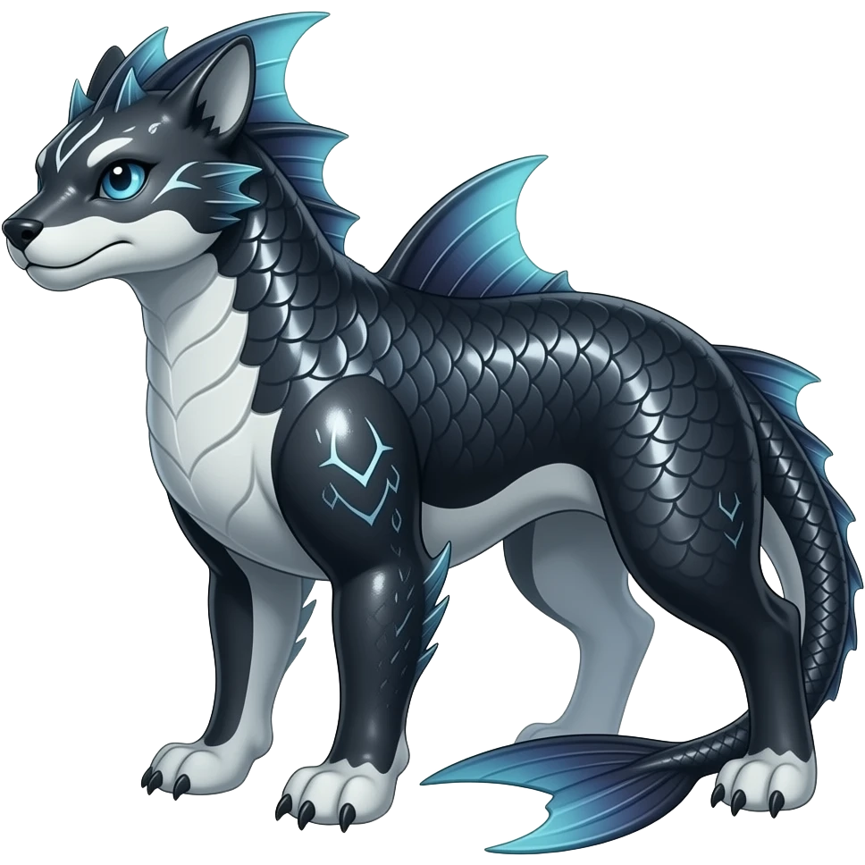 Tough realistic Quadrupedal digitigrade shiny glossy smooth finned frilled gothic tall slim unique epic legendary shiny edgy cool cyberpunk-solarpunk-fantasy-Sharpedo-Sceptile-Sprigatito-Flyogn-Vaporeon-Electrike-Fakémon-hybrid with an orca tail emoji