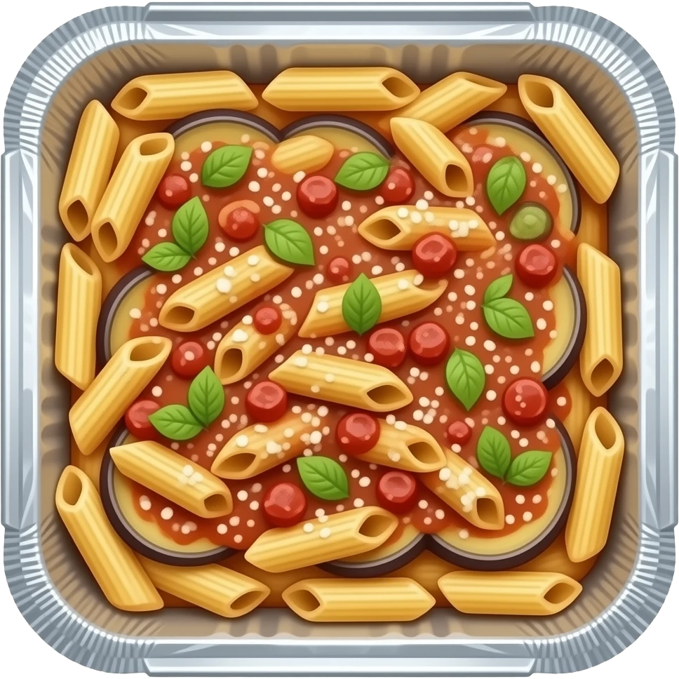 Eggplant parm over penne in a rectangular foil pan emoji